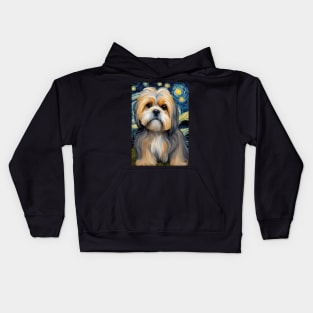 Lhasa Apso Dog Breed Painting in a Van Gogh Starry Night Art Style Kids Hoodie